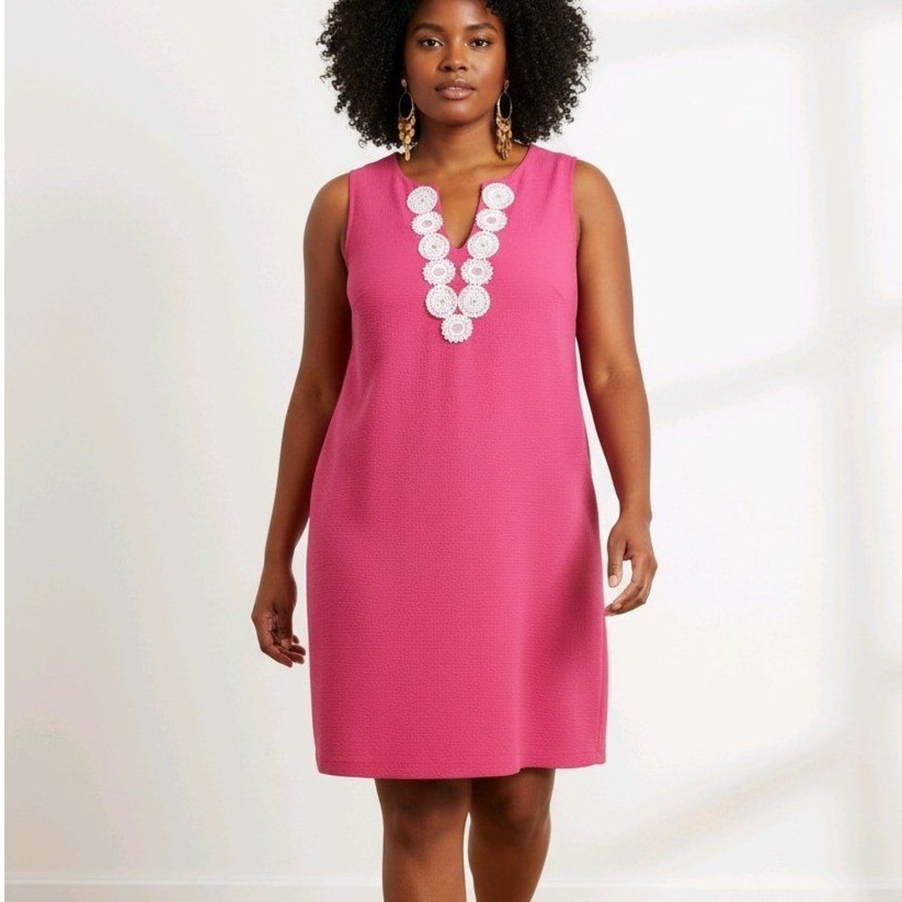 Jessica Howard Hot Pink Crochet Lace Medallion Split Neck‎ Shift Dress Size 12